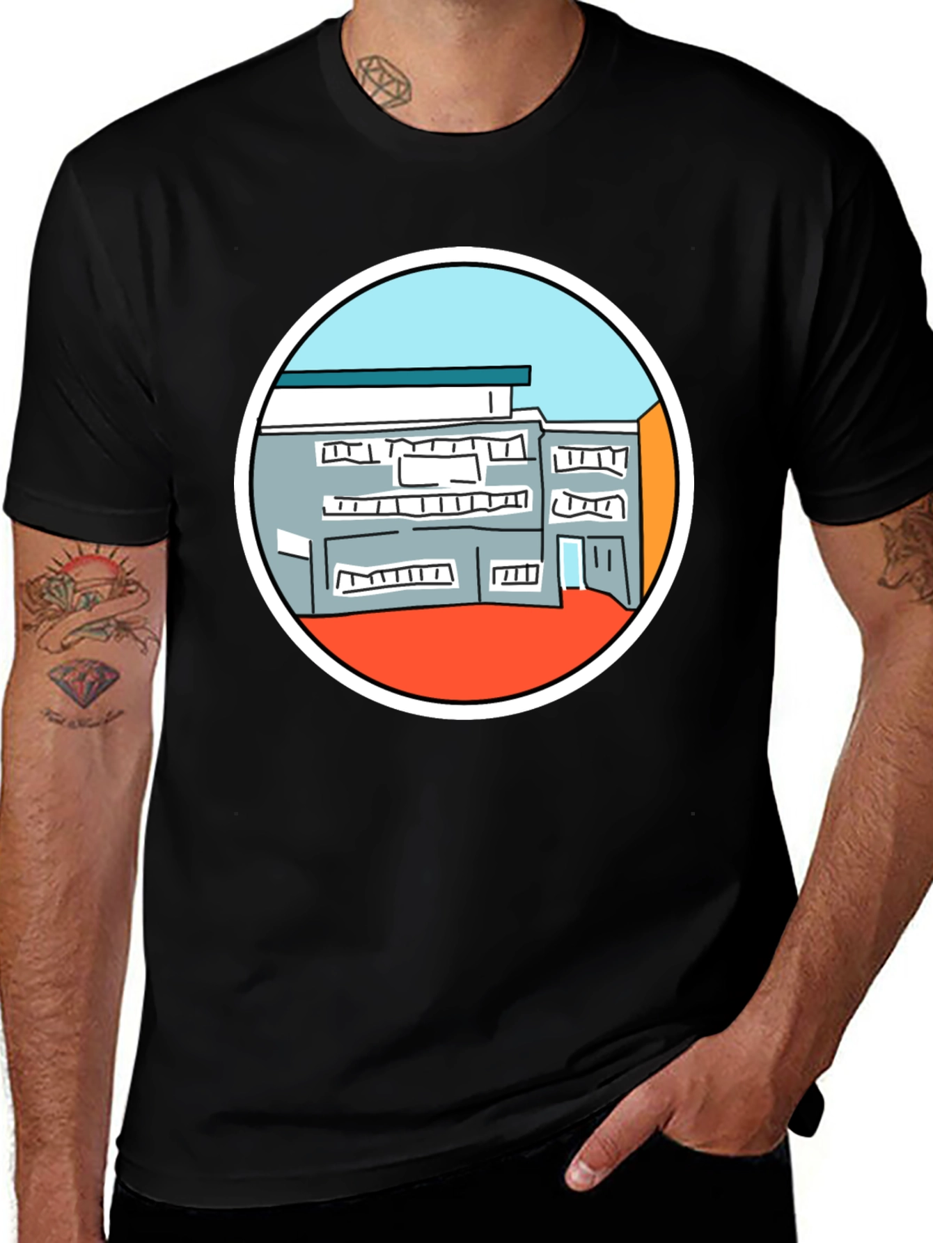 Building Graphic Tee - Unique Design Black T-Shirt