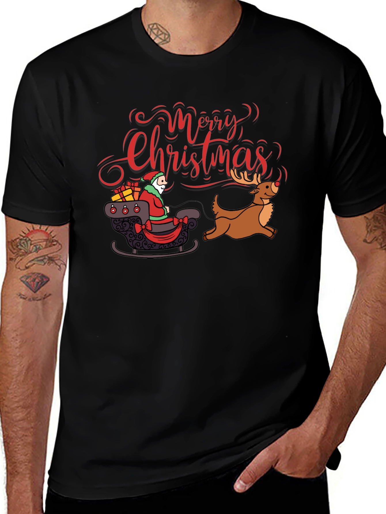 Merry Christmas Santa Reindeer Graphic T-Shirt