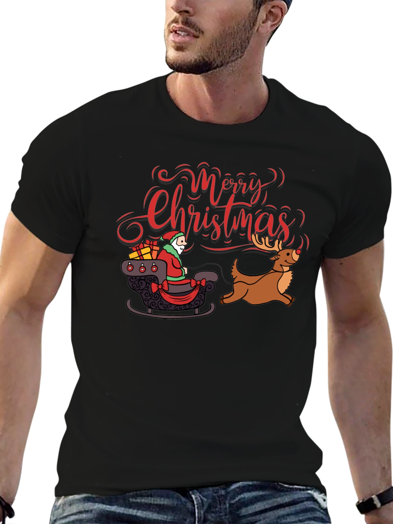 Merry Christmas Santa Reindeer Graphic T-Shirt