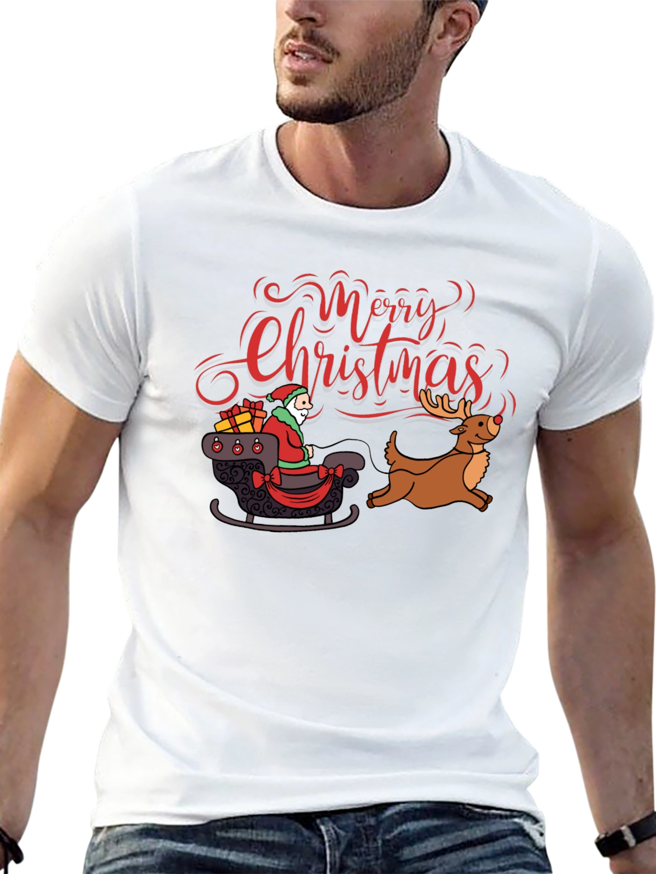 Merry Christmas Santa Reindeer Graphic T-Shirt