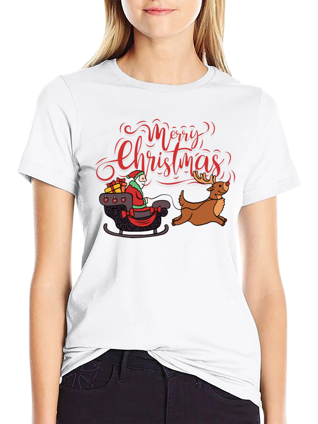Merry Christmas Santa Reindeer Graphic T-Shirt
