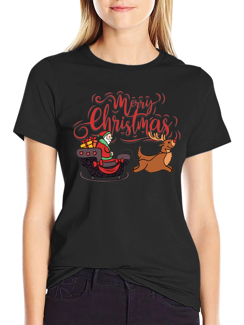 Merry Christmas Santa Reindeer Graphic T-Shirt