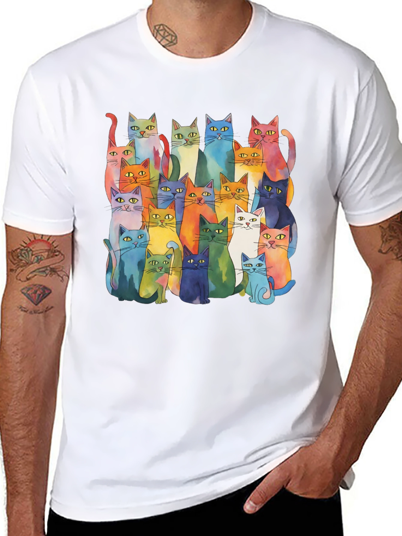 Colorful Cats T-Shirt - Whimsical Watercolor Style