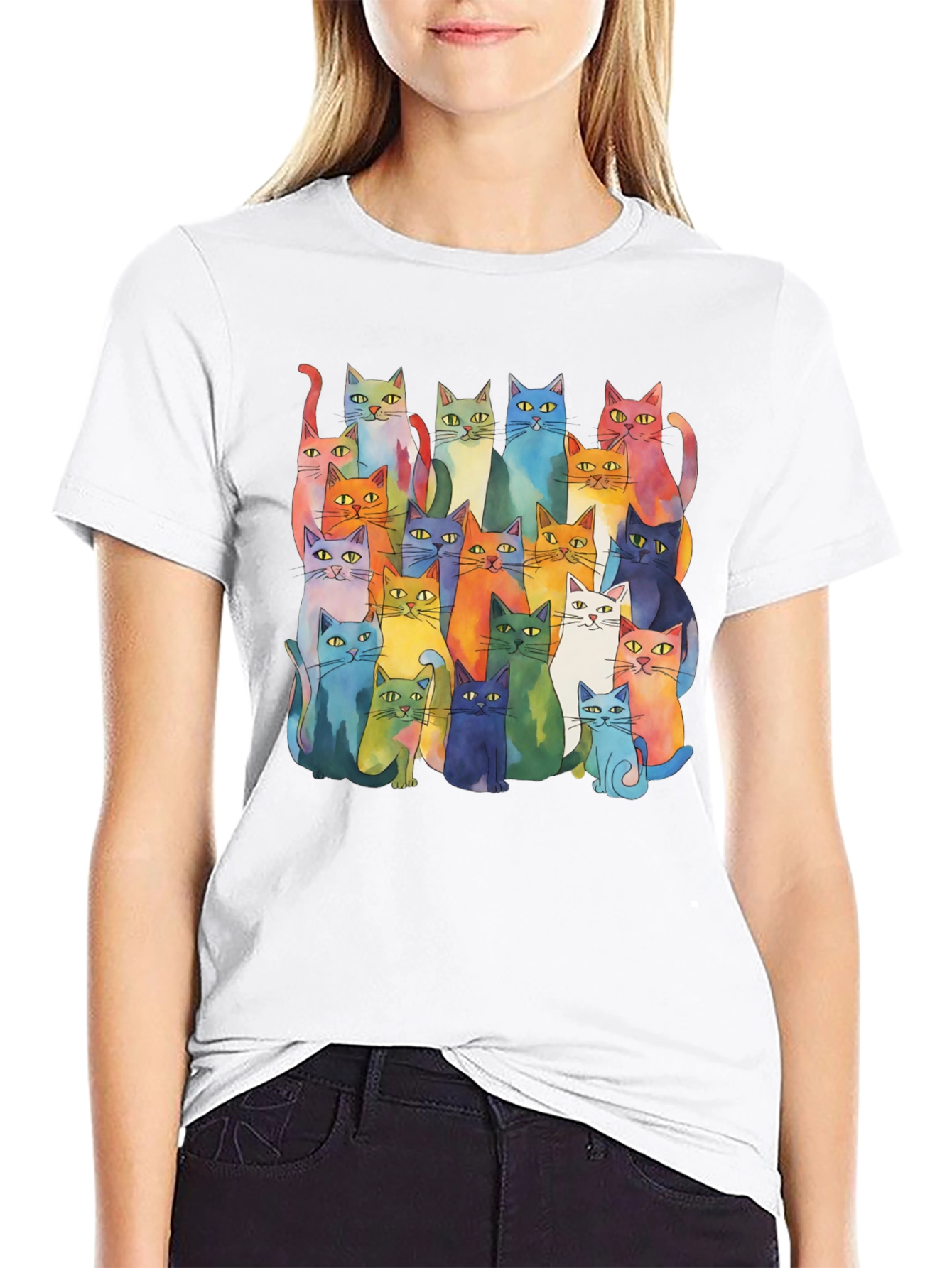 Colorful Cats T-Shirt - Whimsical Watercolor Style