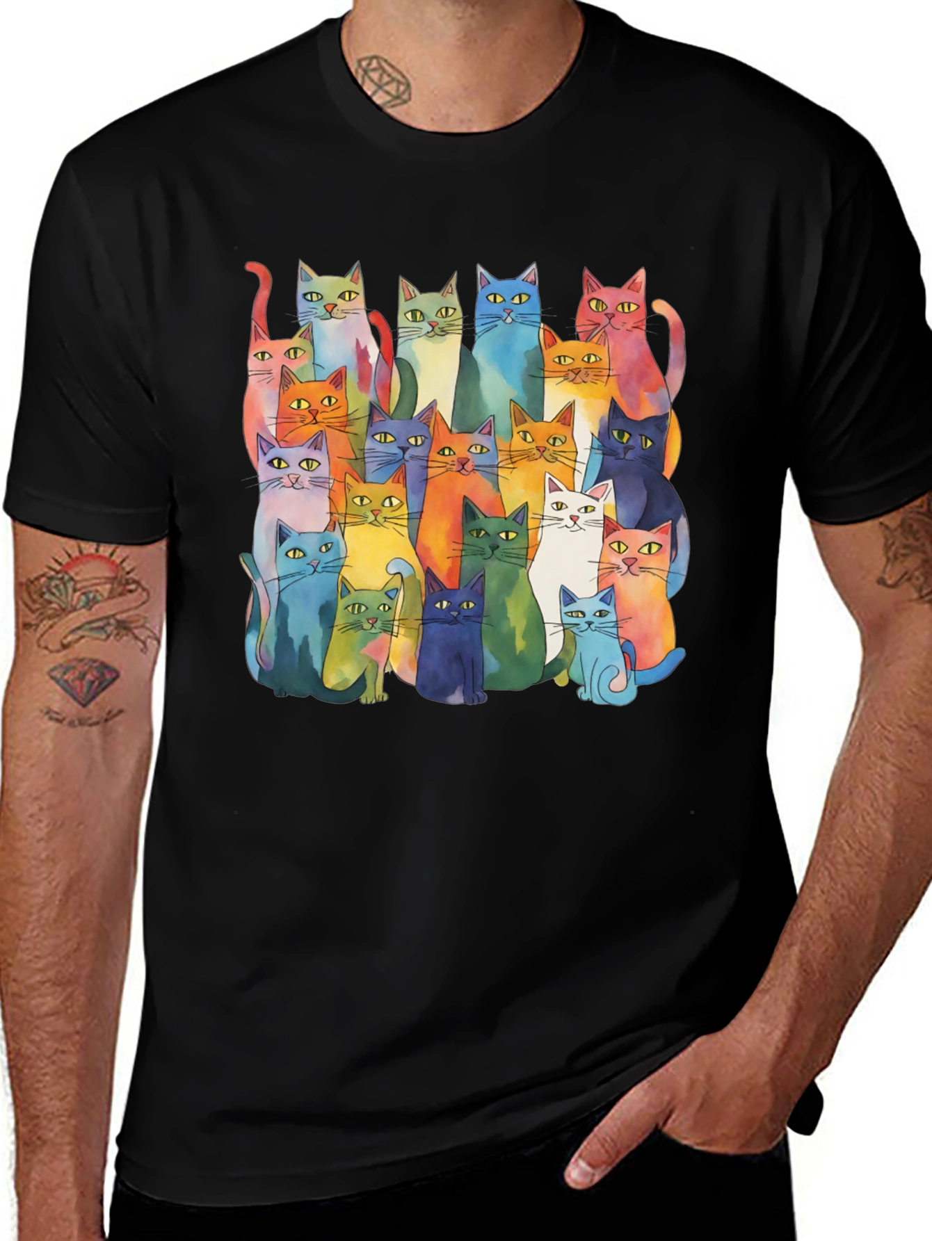 Colorful Cats T-Shirt - Whimsical Watercolor Style
