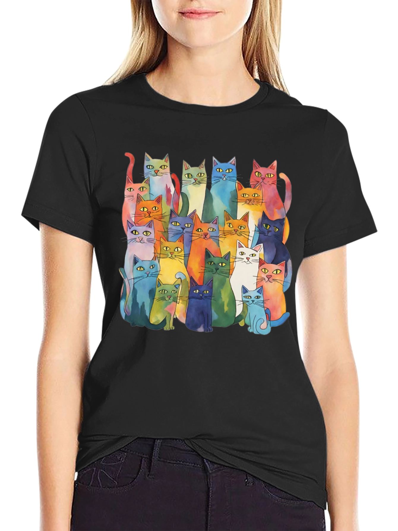 Colorful Cats T-Shirt - Whimsical Watercolor Style