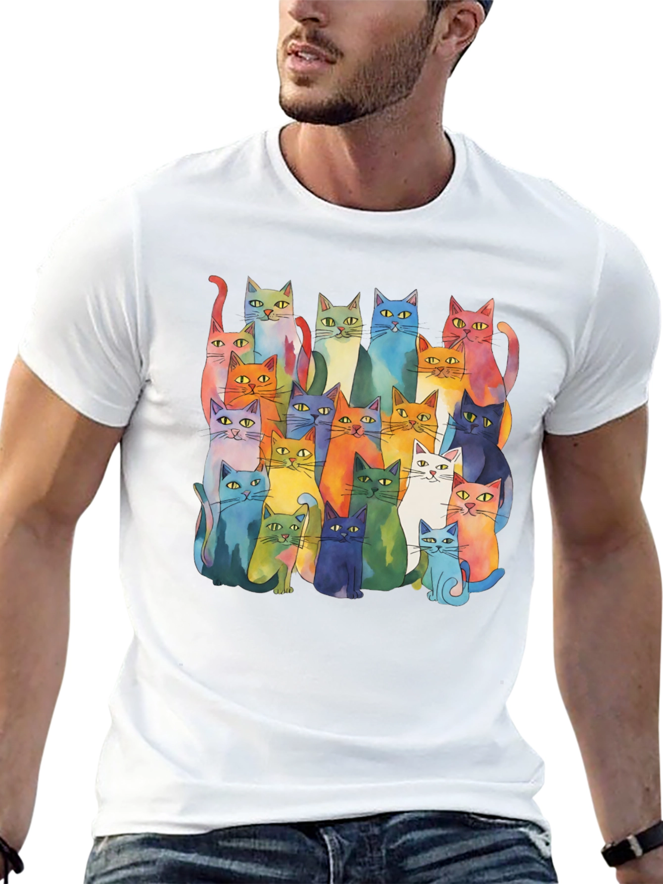 Colorful Cats T-Shirt - Whimsical Watercolor Style