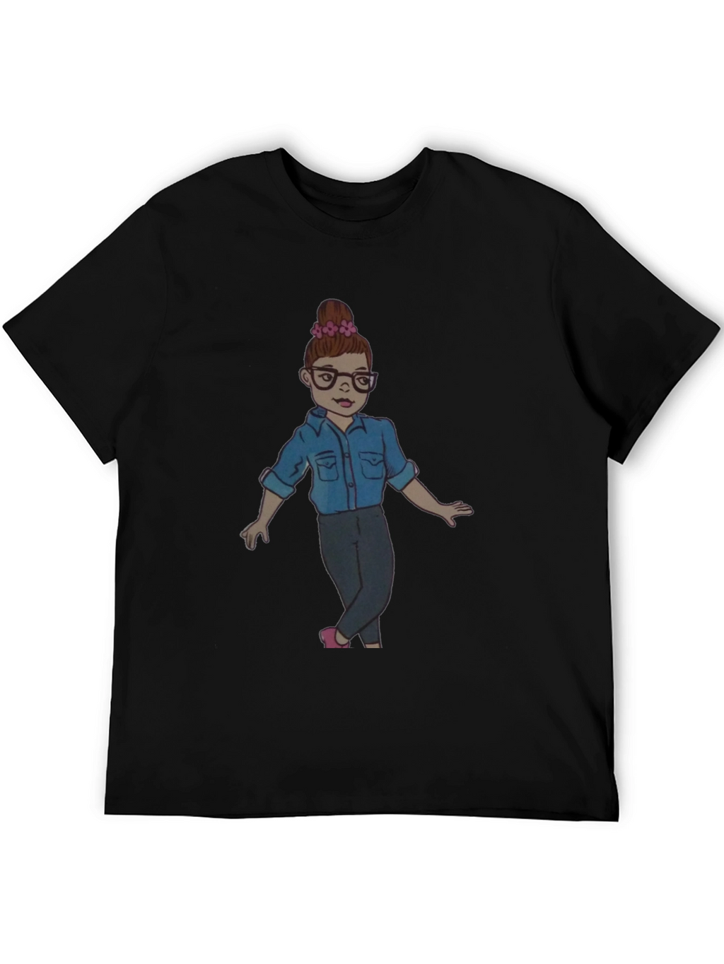 Black Tee with Cartoon Girl Design