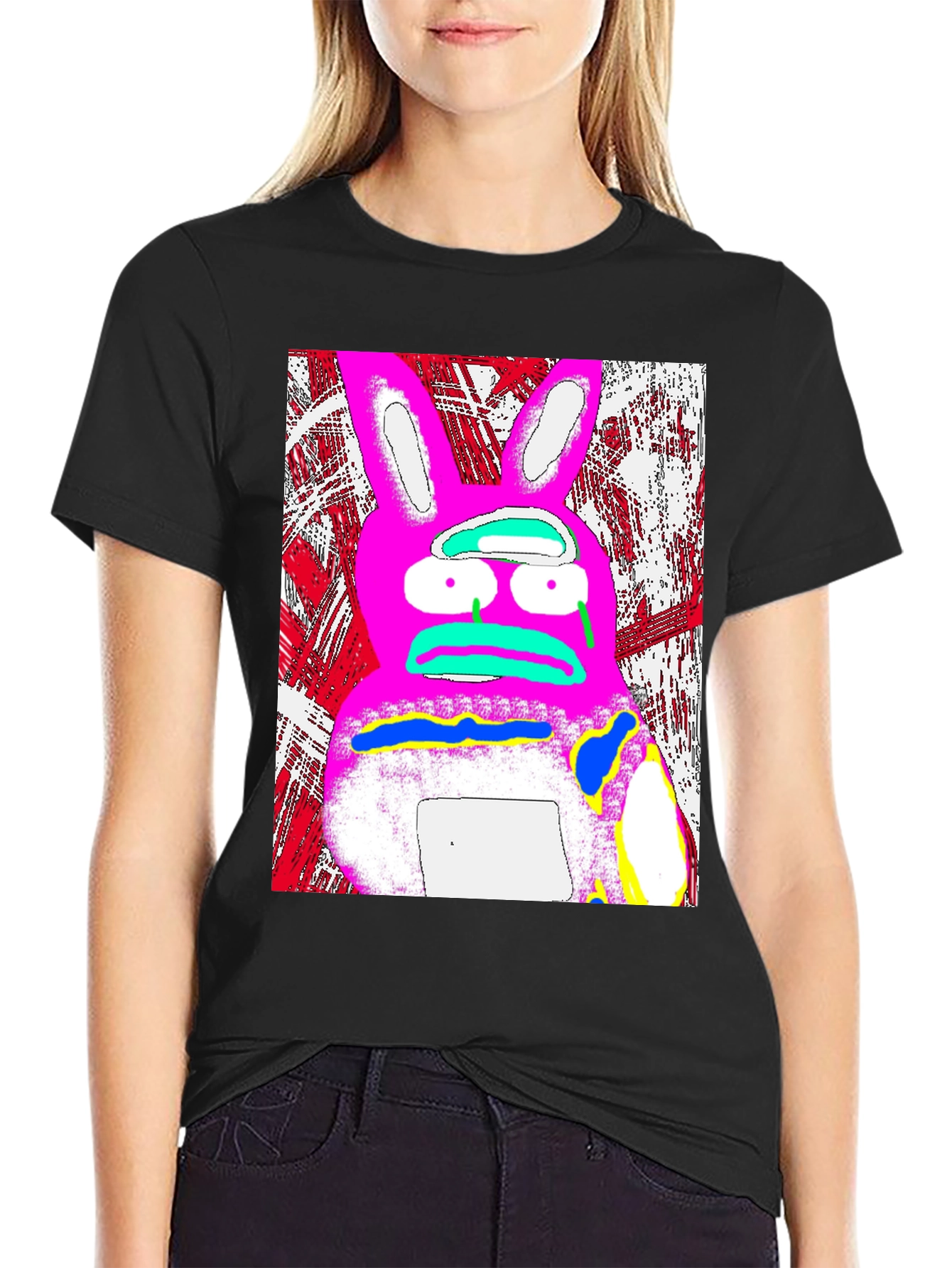 Distressed Pink Rabbit Graphic Black T-Shirt