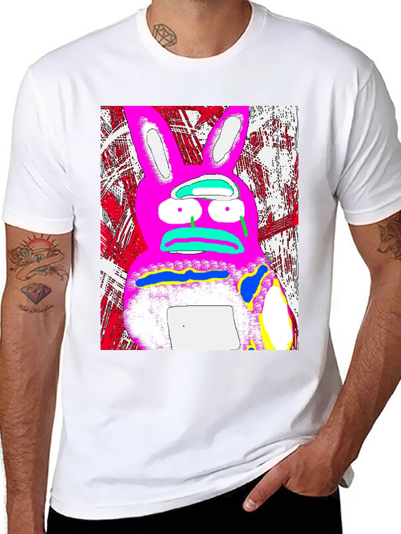 Distressed Pink Rabbit Graphic Black T-Shirt