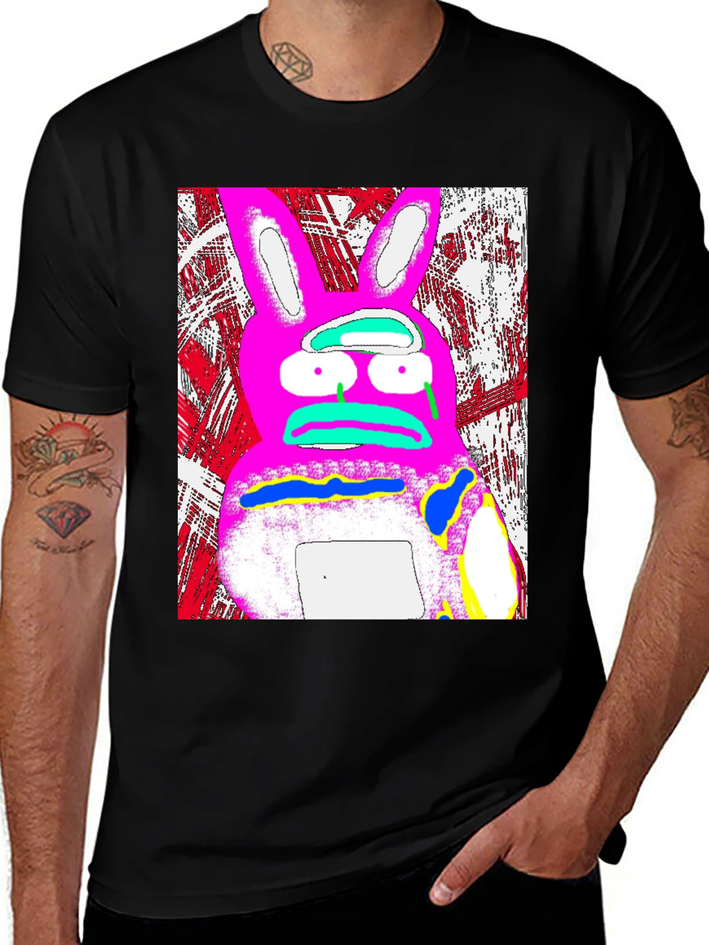 Distressed Pink Rabbit Graphic Black T-Shirt