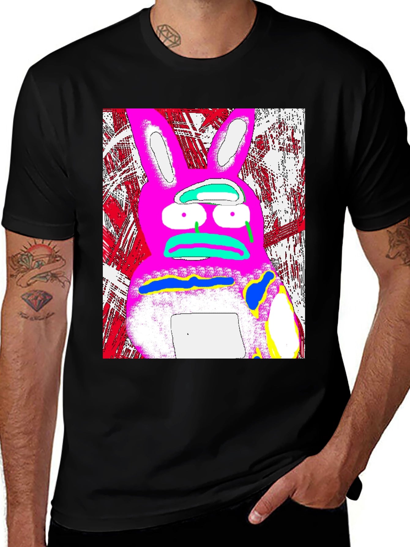 Distressed Pink Rabbit Graphic Black T-Shirt