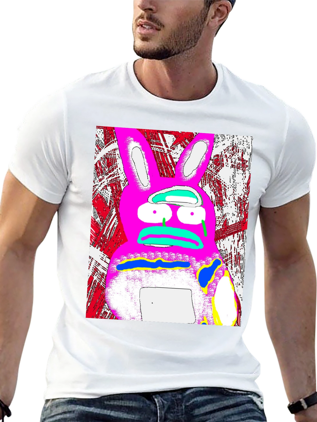 Distressed Pink Rabbit Graphic Black T-Shirt