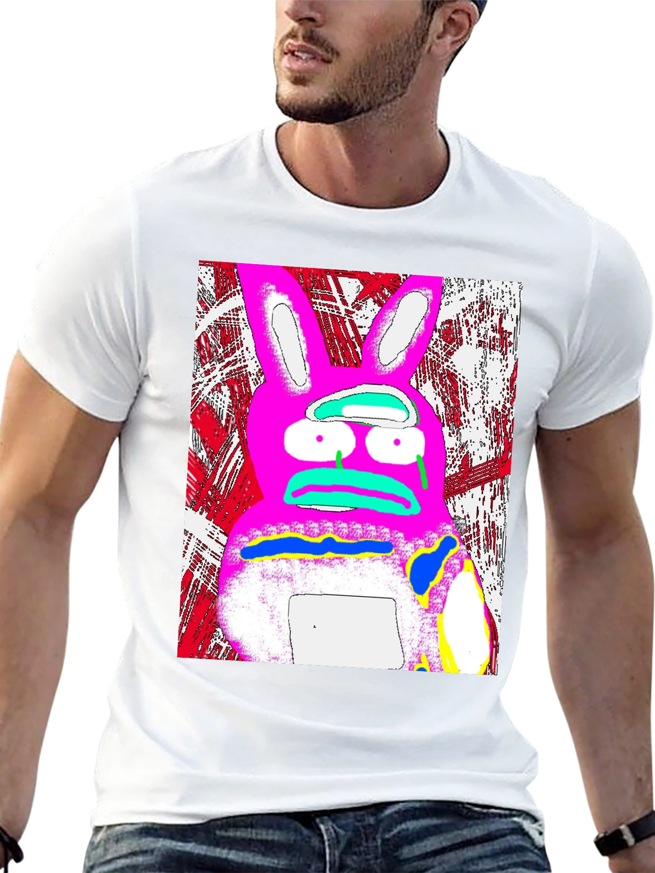 Distressed Pink Rabbit Graphic Black T-Shirt