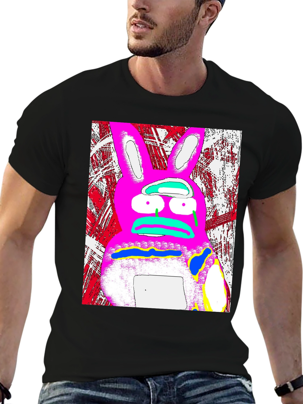 Distressed Pink Rabbit Graphic Black T-Shirt