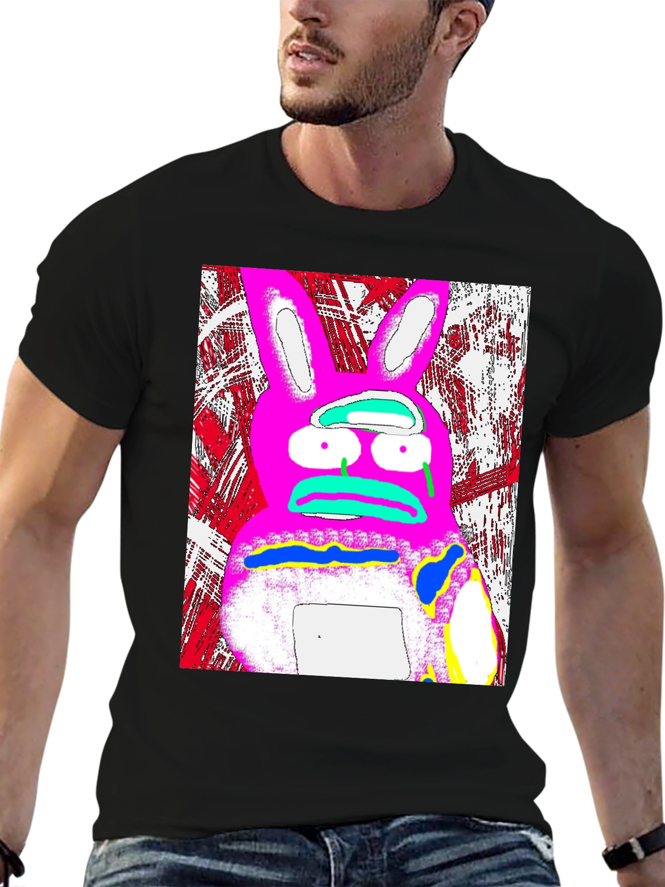 Distressed Pink Rabbit Graphic Black T-Shirt