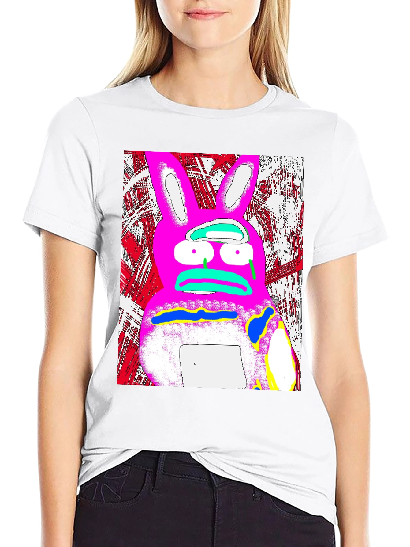 Distressed Pink Rabbit Graphic Black T-Shirt