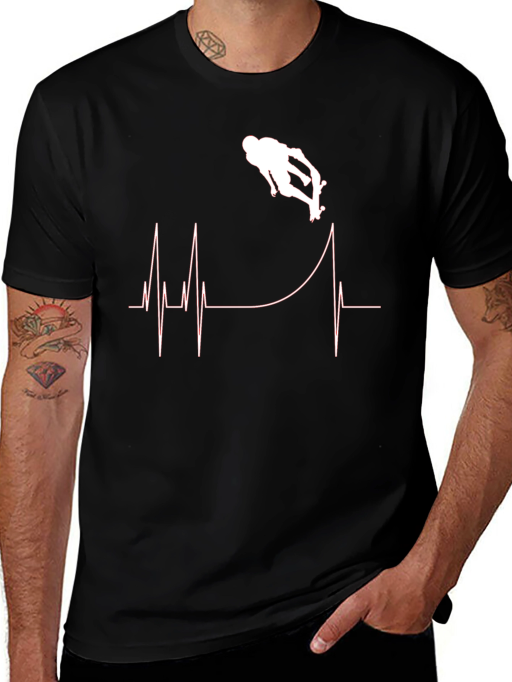 Skateboarding Heartbeat Graphic T-Shirt - Black