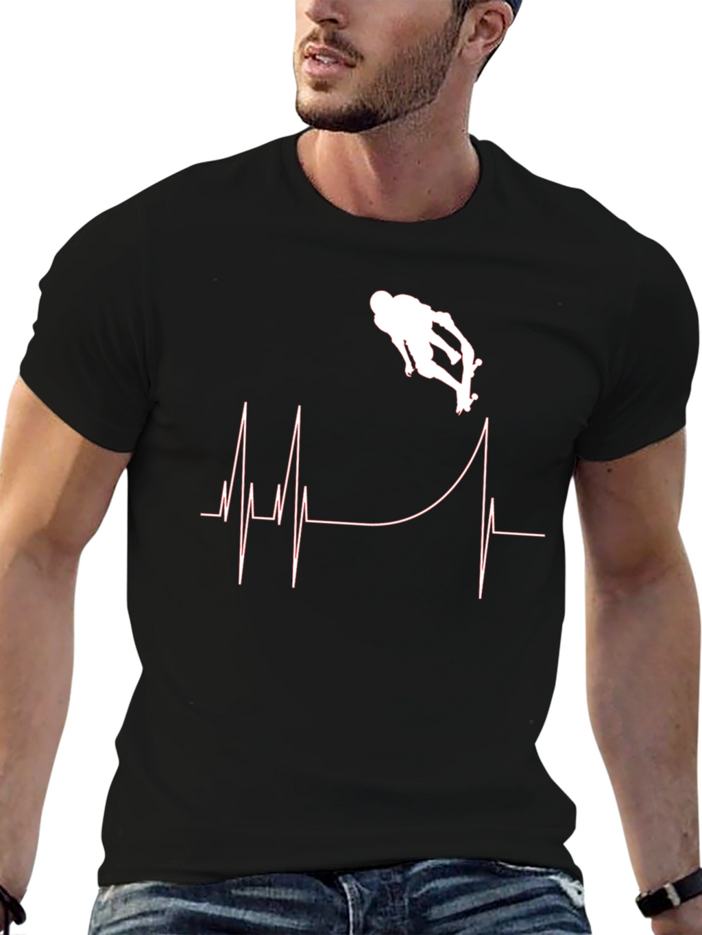 Skateboarding Heartbeat Graphic T-Shirt - Black