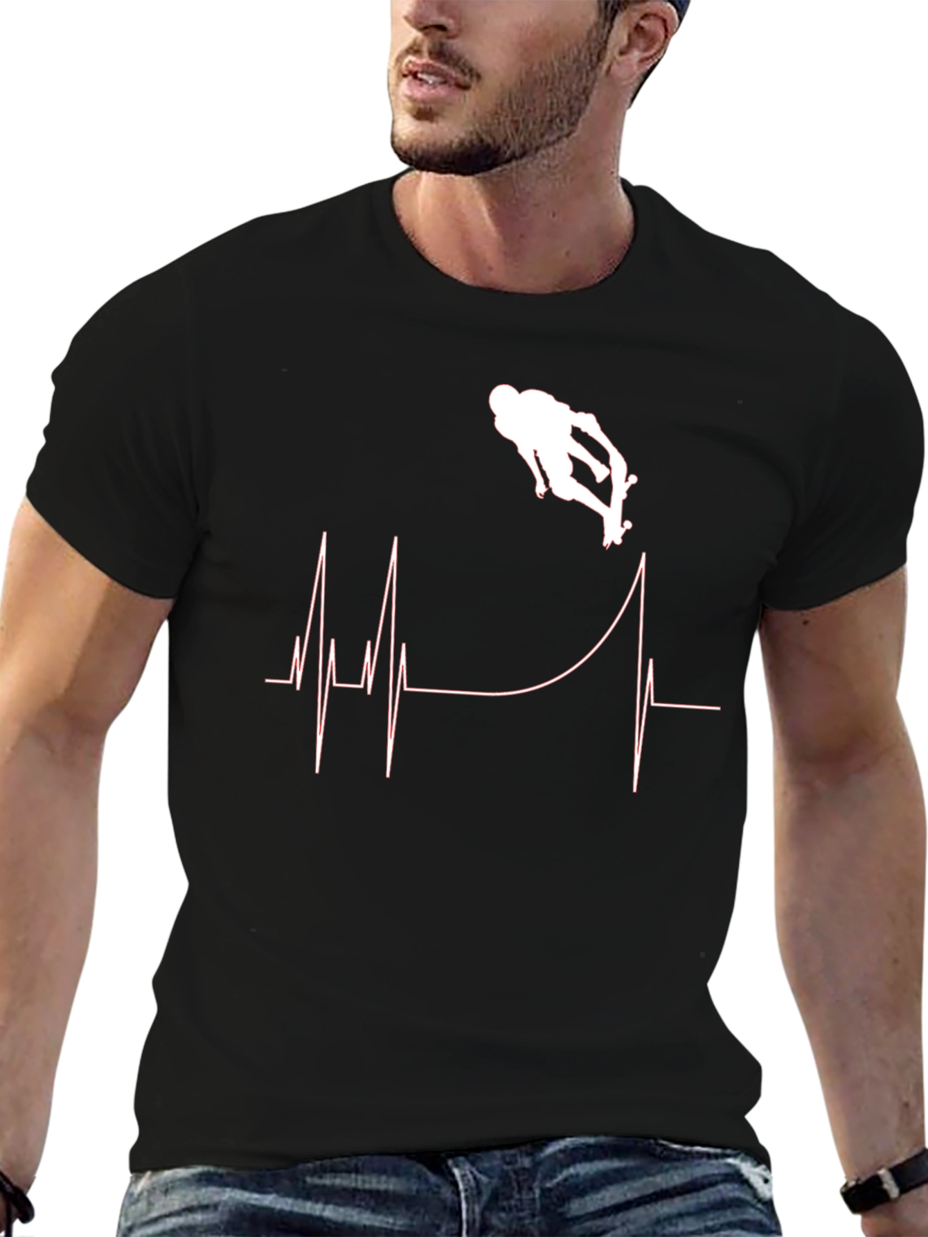Skateboarding Heartbeat Graphic T-Shirt - Black