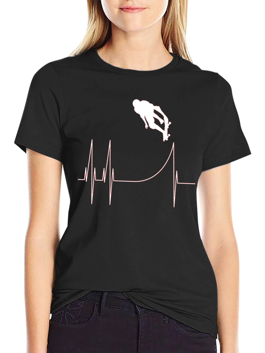 Skateboarding Heartbeat Graphic T-Shirt - Black