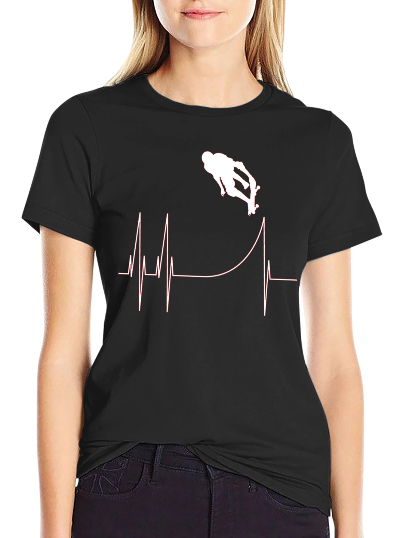 Skateboarding Heartbeat Graphic T-Shirt - Black