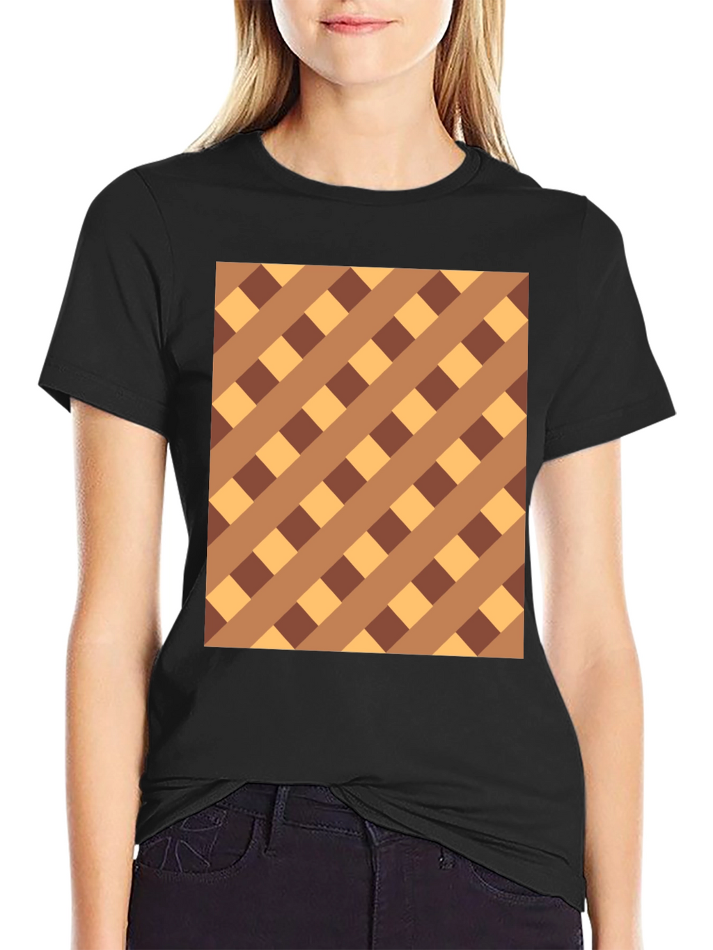 Brown Checkered Pattern Black Tee