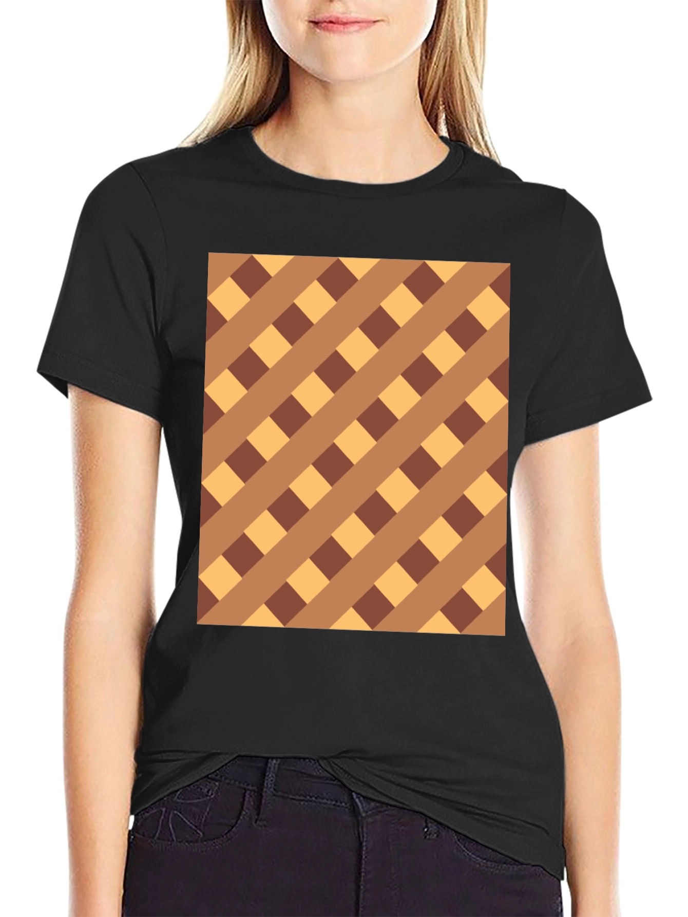 Brown Checkered Pattern Black Tee