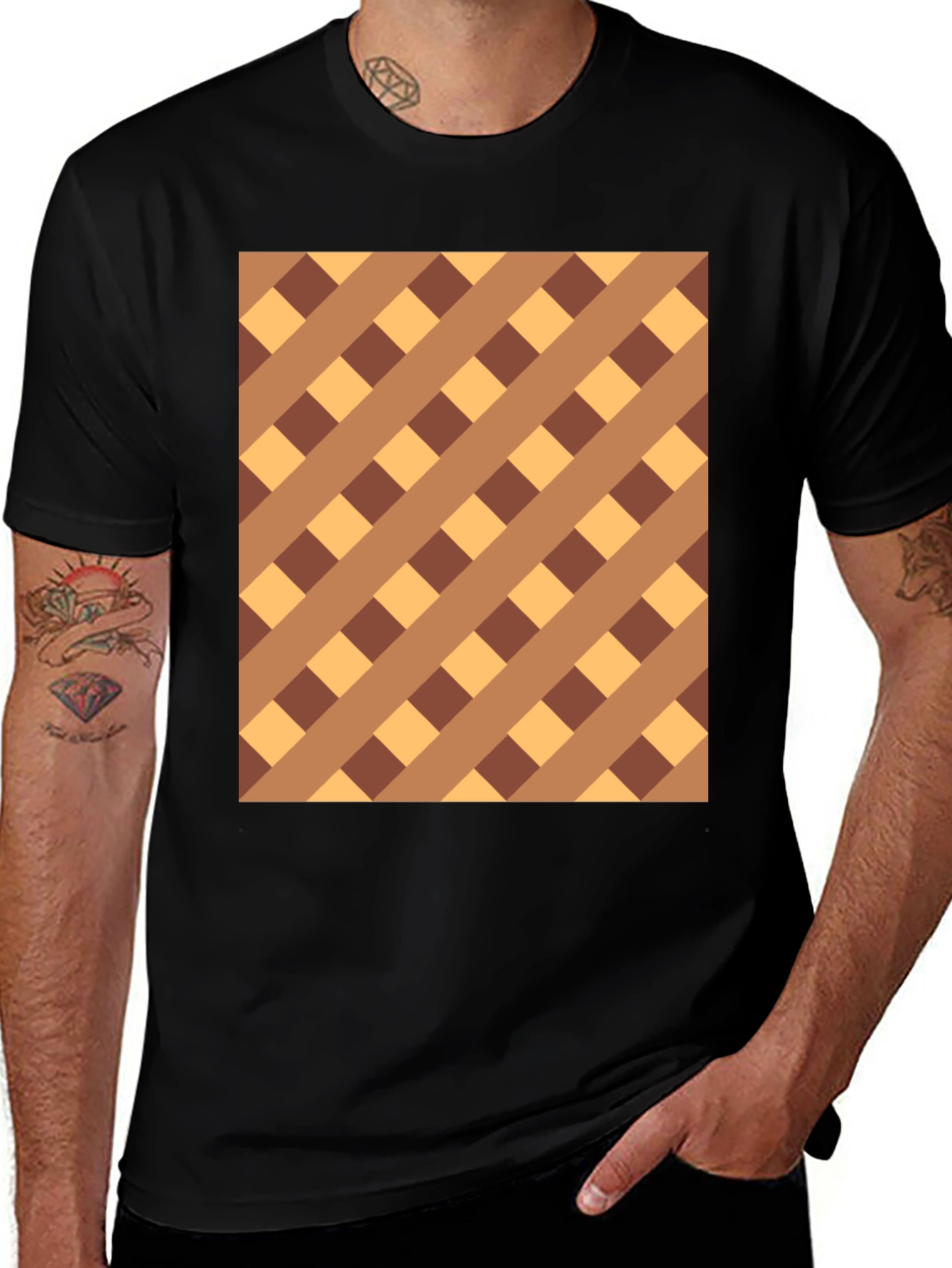 Brown Checkered Pattern Black Tee