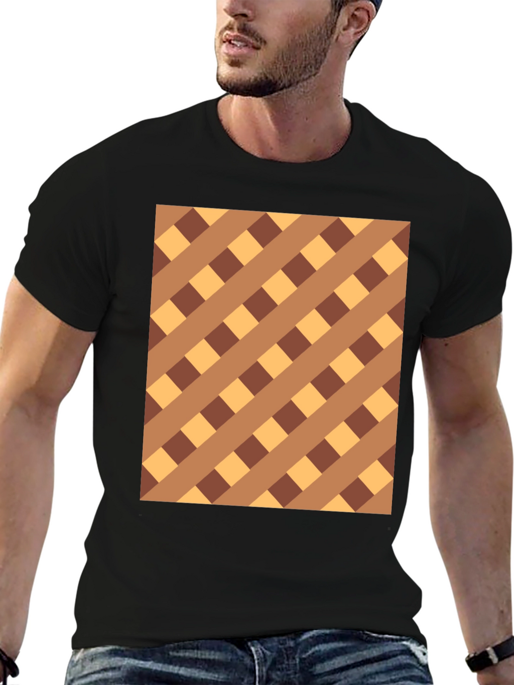 Brown Checkered Pattern Black Tee