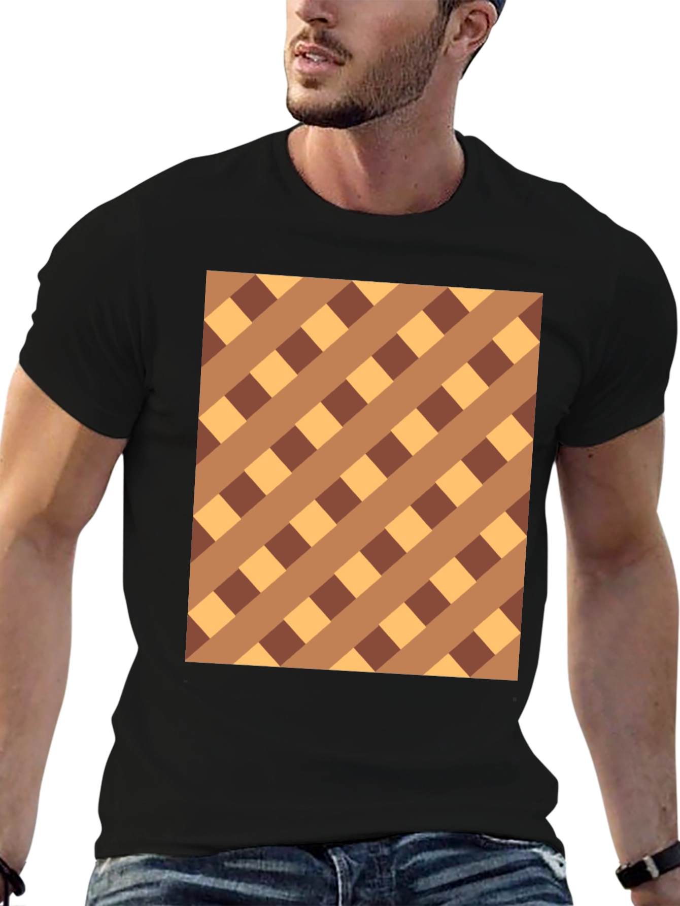 Brown Checkered Pattern Black Tee