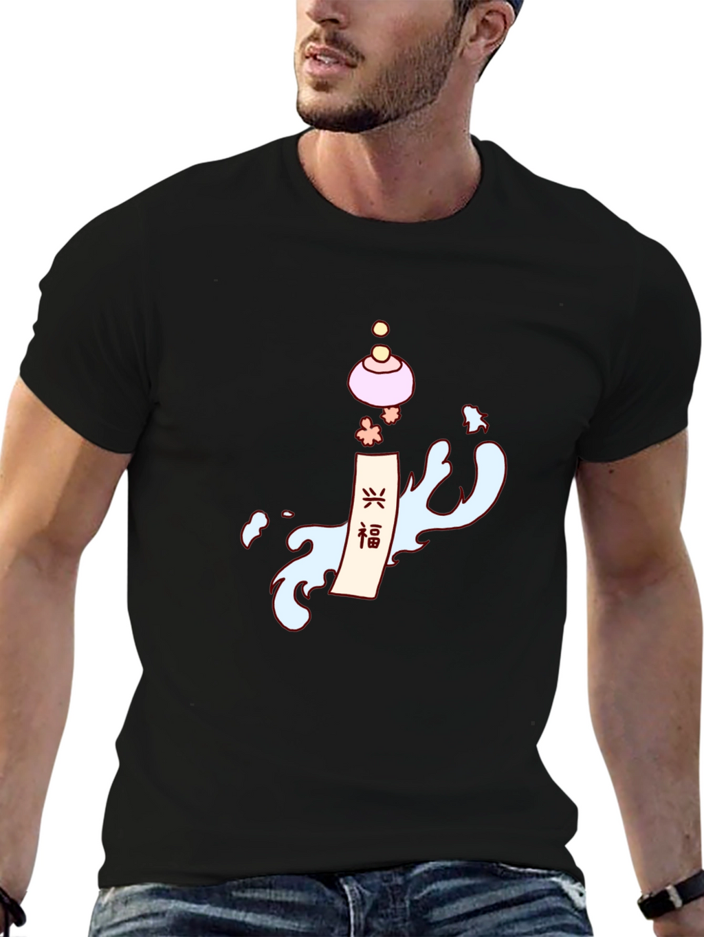 Mens Black T-Shirt with Asian-Inspired Graphic