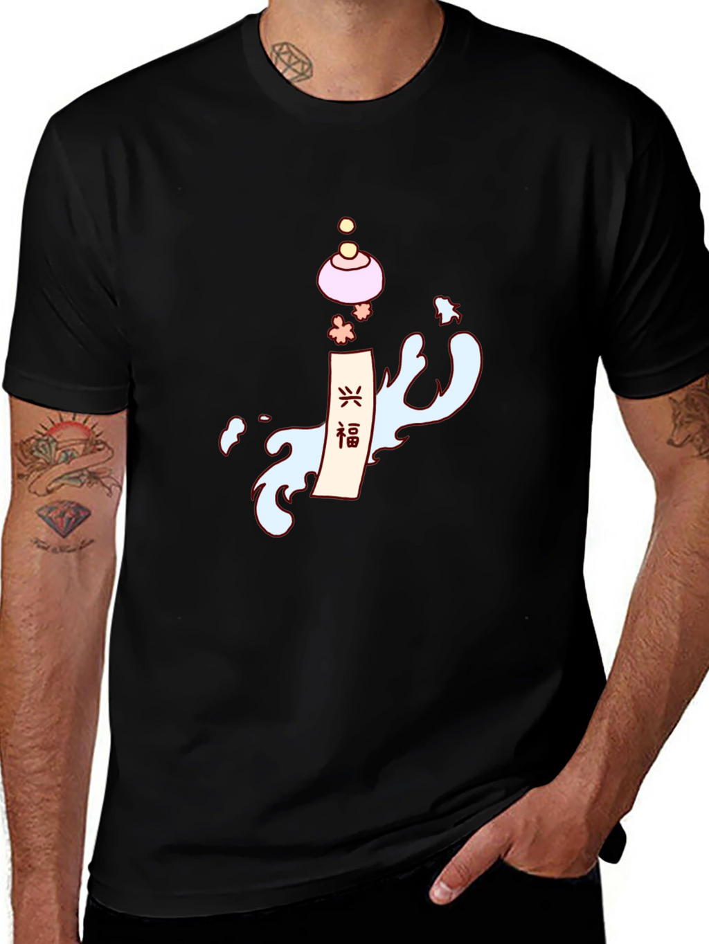 Mens Black T-Shirt with Asian-Inspired Graphic
