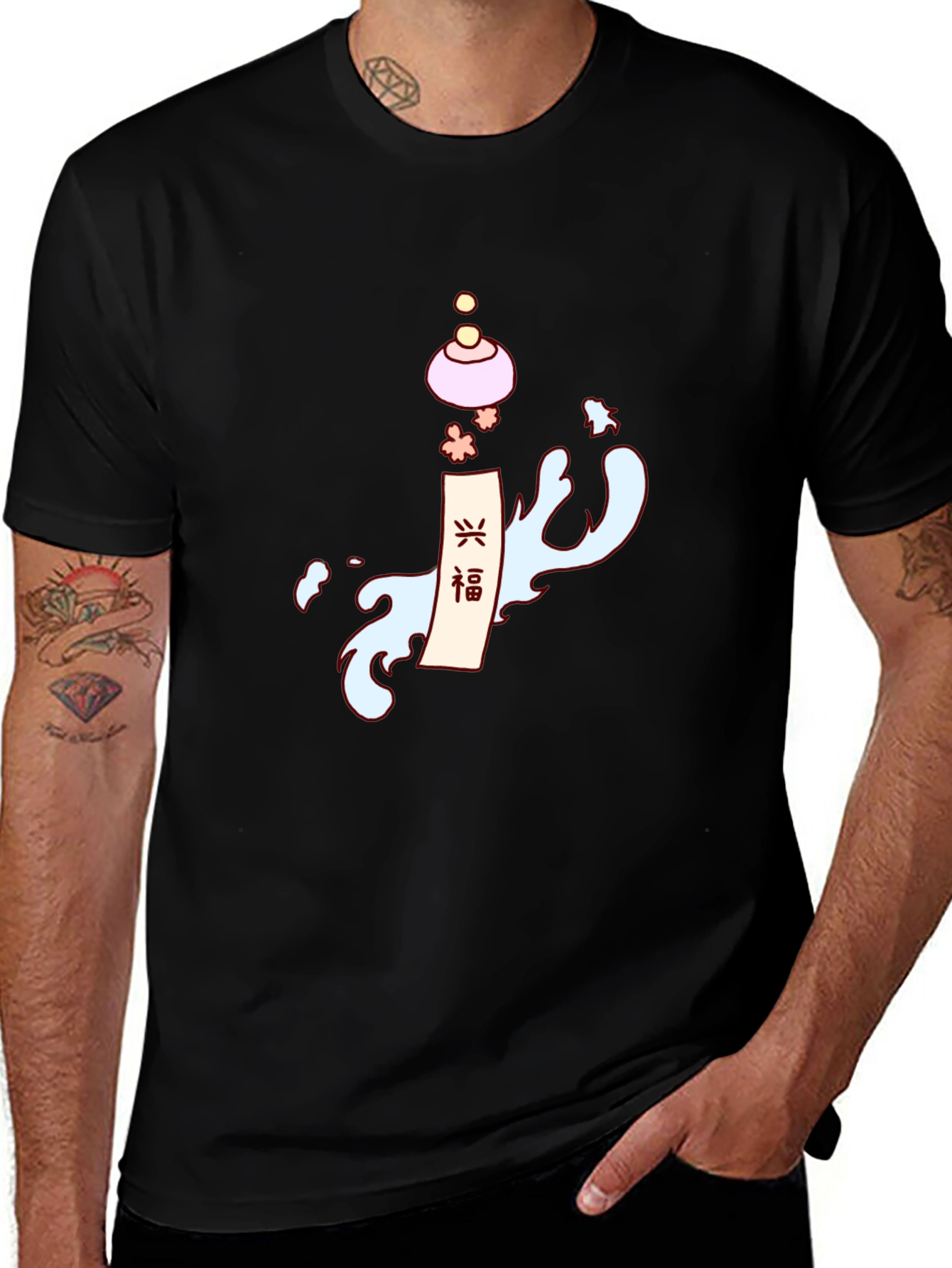 Mens Black T-Shirt with Asian-Inspired Graphic