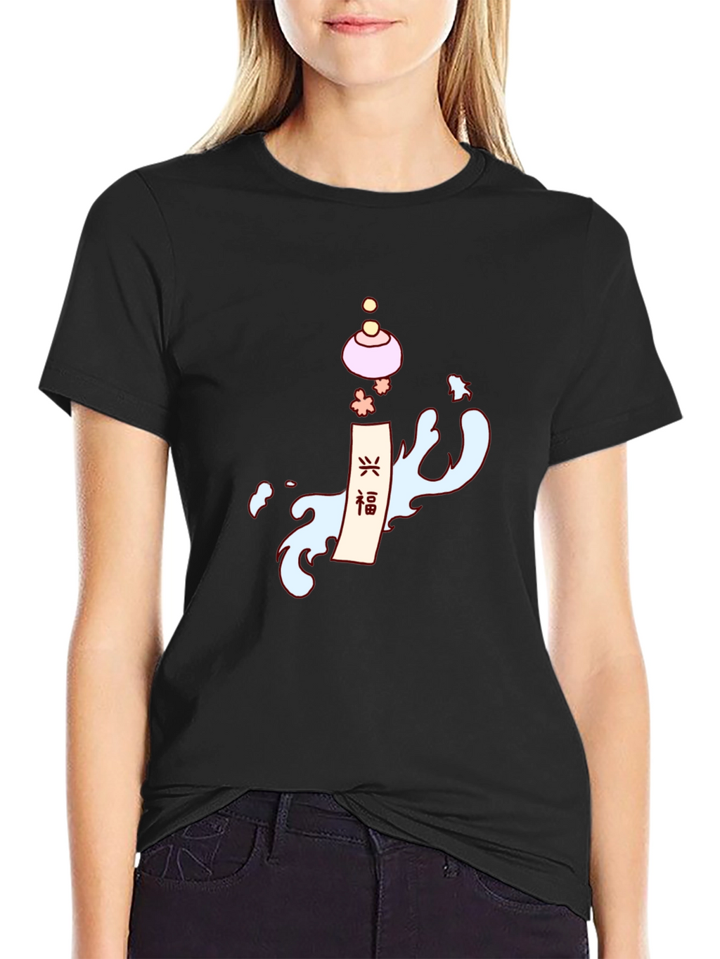 Mens Black T-Shirt with Asian-Inspired Graphic