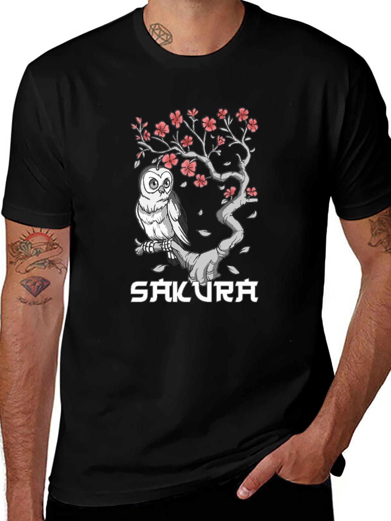 Sakura Owl Graphic Tee - Unisex Black T-Shirt