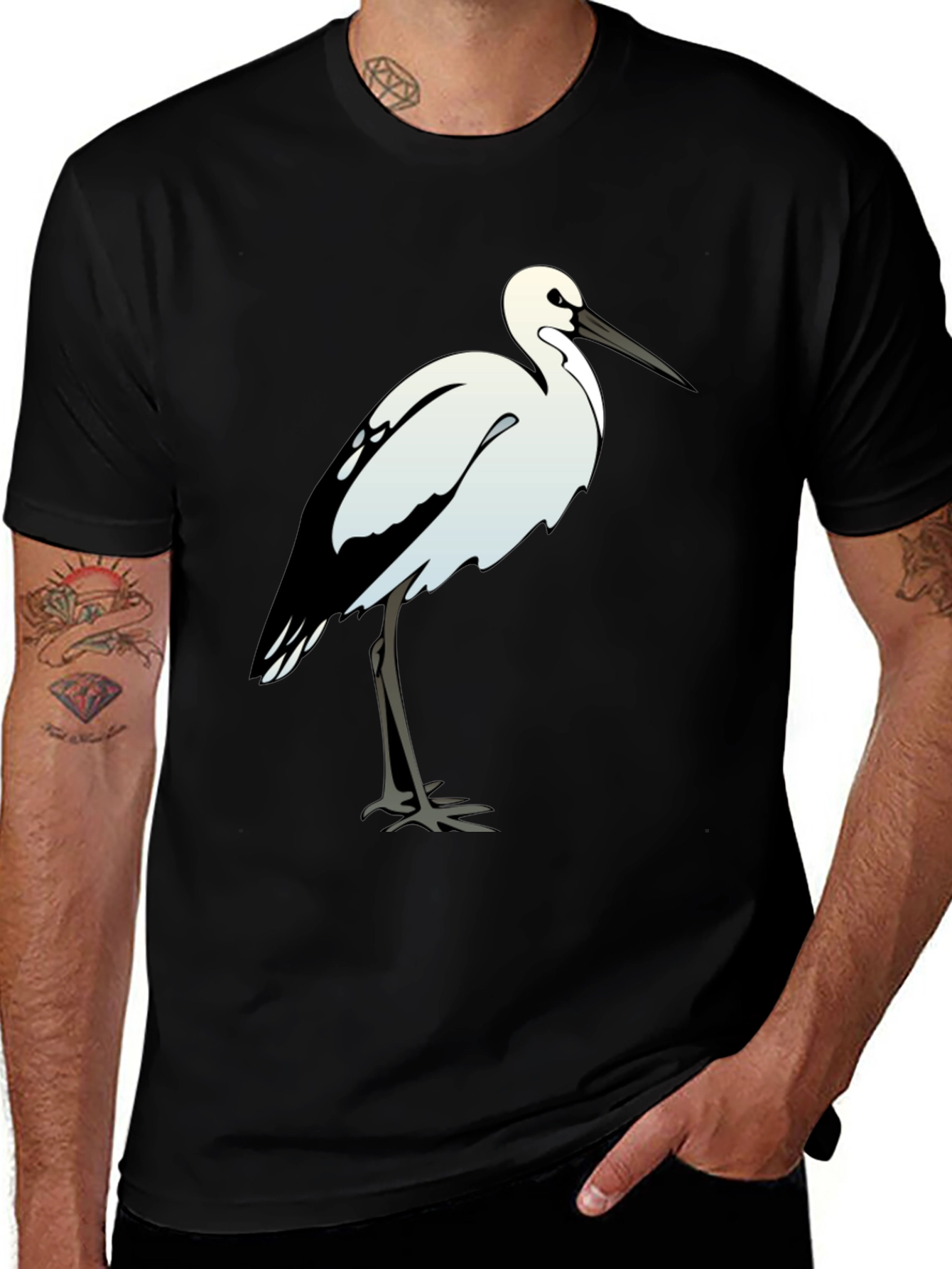 Black Cotton Tee with White Bird Print