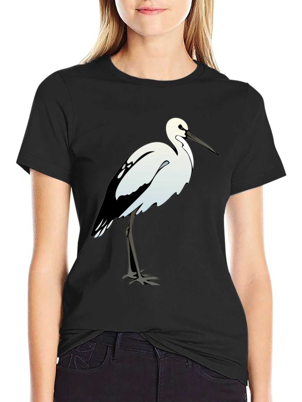 Black Cotton Tee with White Bird Print