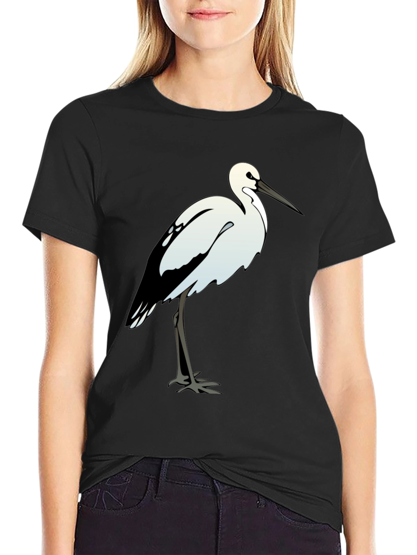 Black Cotton Tee with White Bird Print