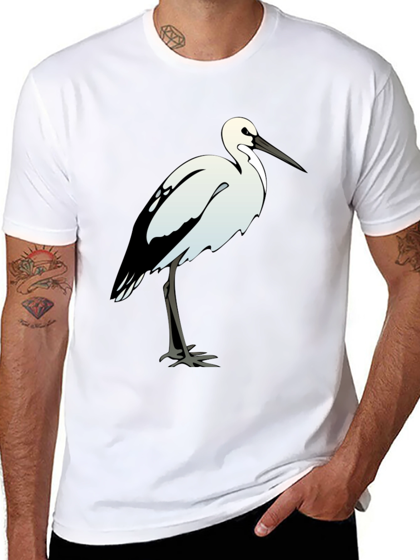 Black Cotton Tee with White Bird Print