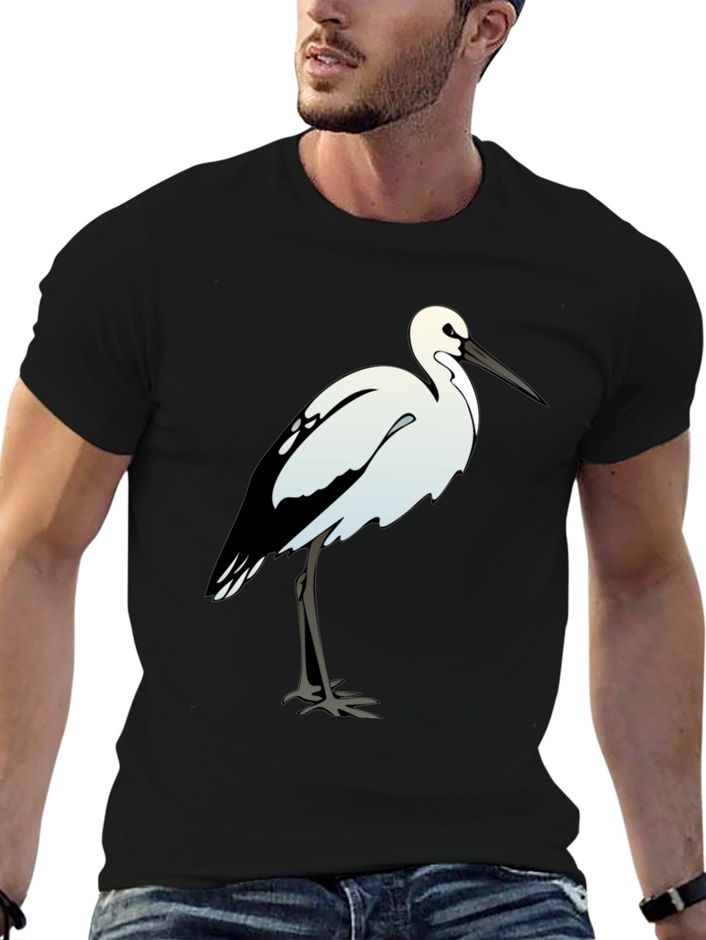 Black Cotton Tee with White Bird Print