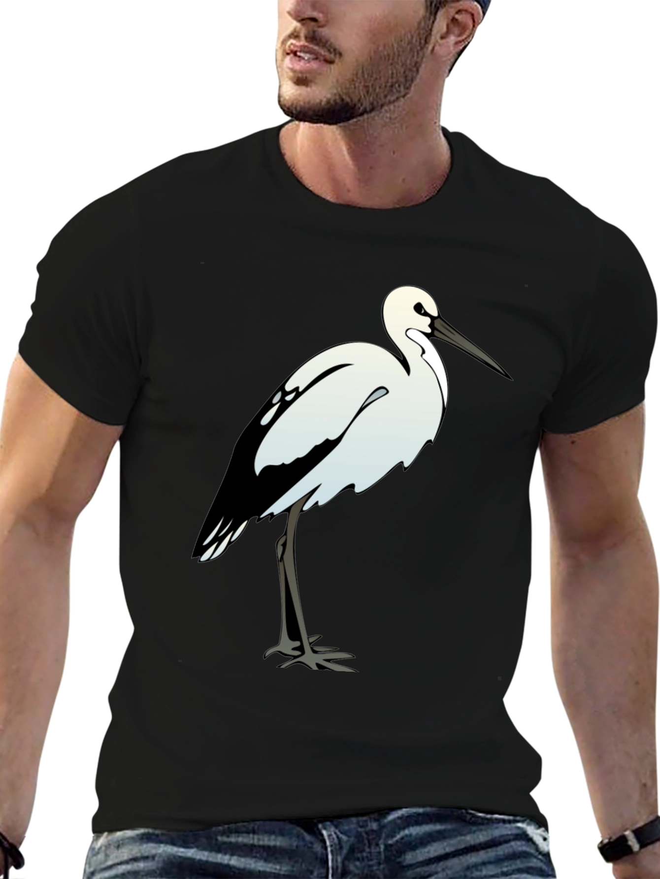 Black Cotton Tee with White Bird Print