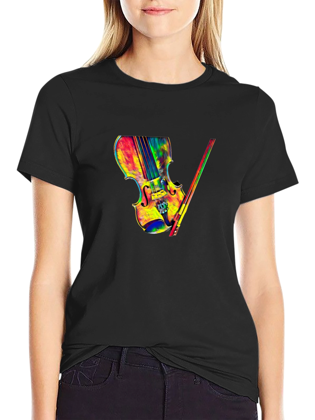 Colorful Violin Graphic Tee - Black T-Shirt