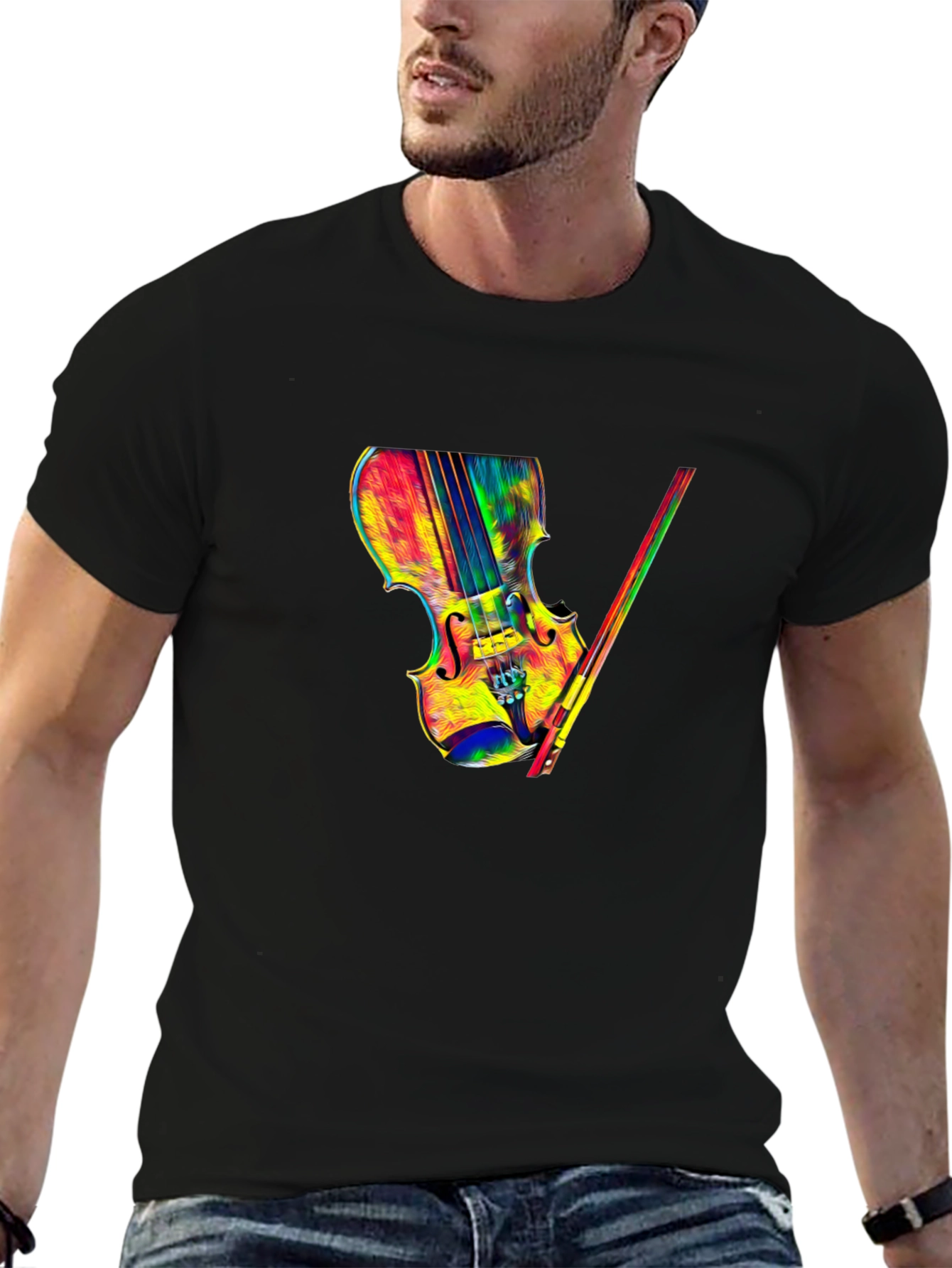 Colorful Violin Graphic Tee - Black T-Shirt