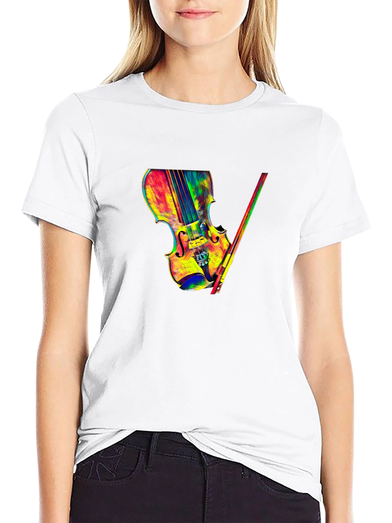 Colorful Violin Graphic Tee - Black T-Shirt