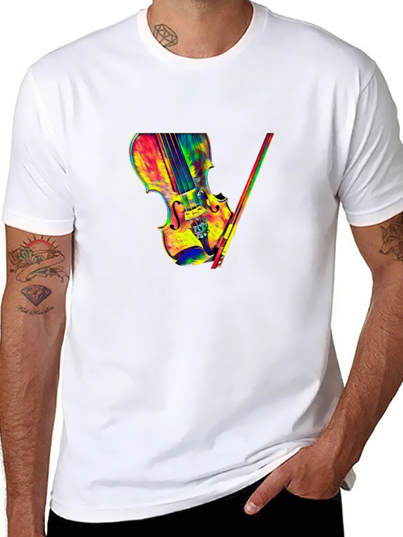 Colorful Violin Graphic Tee - Black T-Shirt
