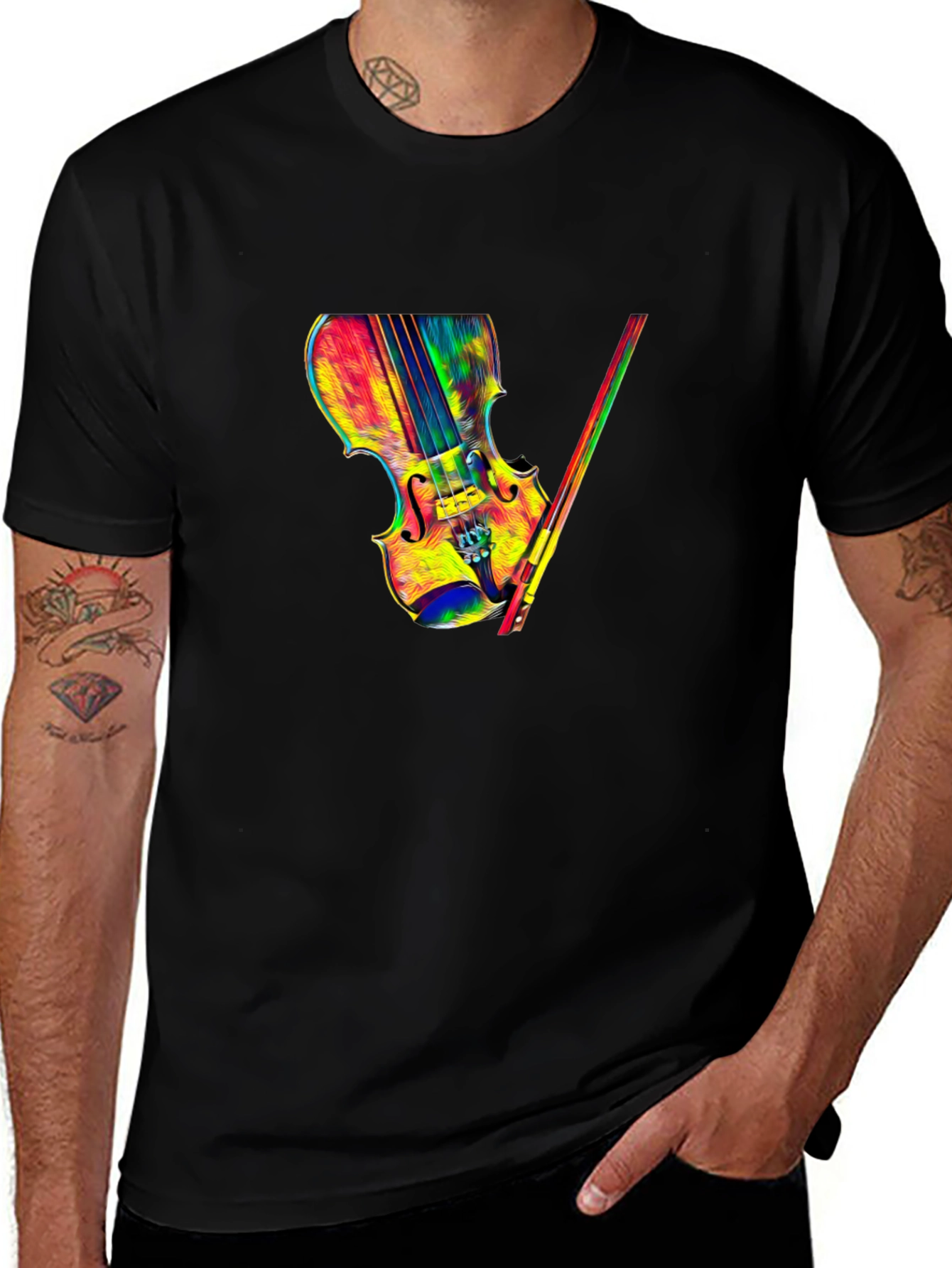Colorful Violin Graphic Tee - Black T-Shirt