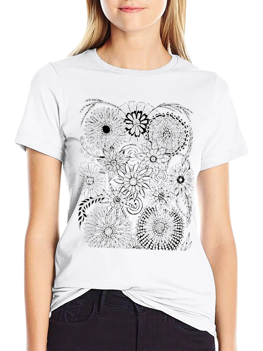 Floral Print Black Crew Neck T-Shirt