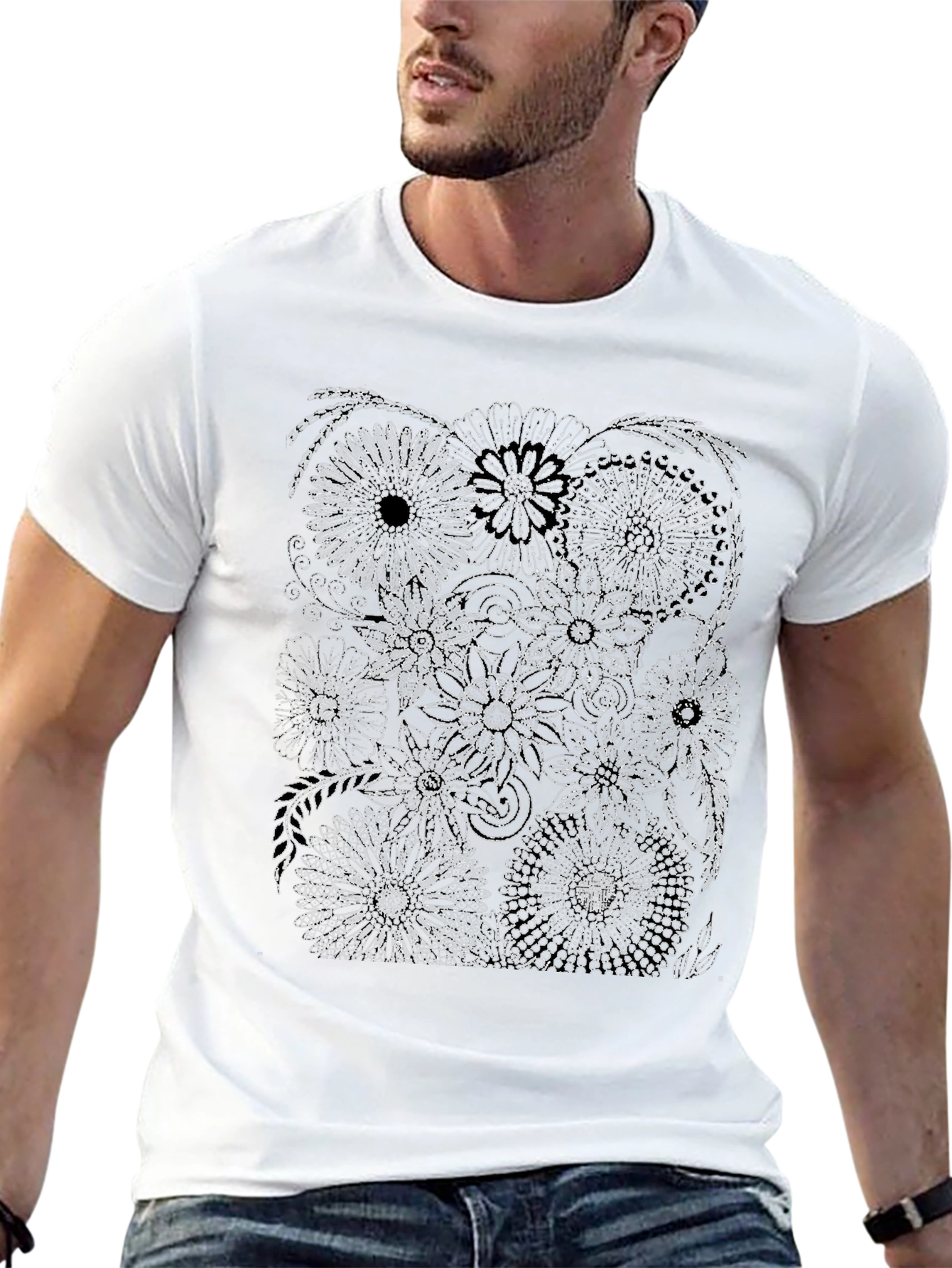Floral Print Black Crew Neck T-Shirt