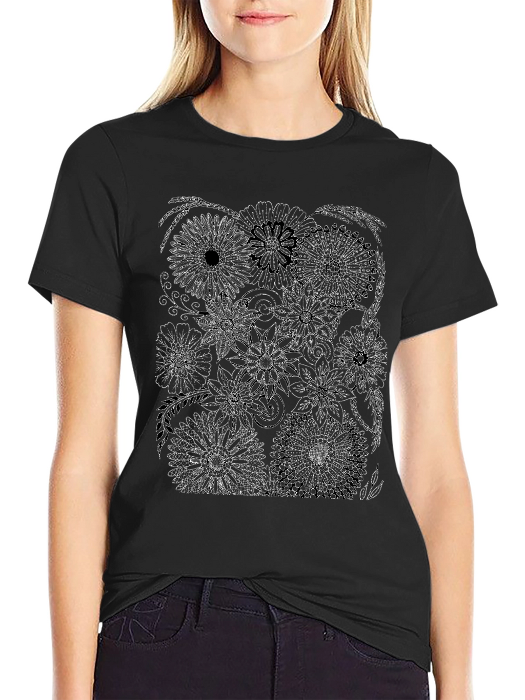 Floral Print Black Crew Neck T-Shirt